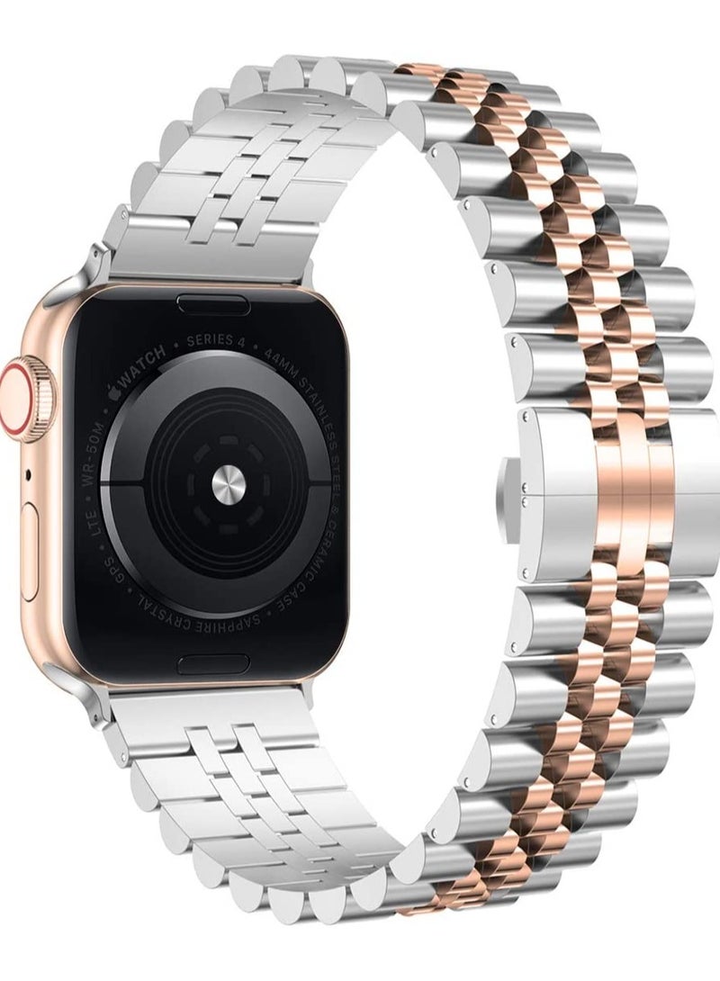 Compatible with Apple Watch Band 41mm 40mm 38mm, Stainless Steel Heavy Band with Butterfly Folding Clasp Link Bracelet for iWatch Series8/7/6/SE Series 5/4/3/Men Women ,Silver/Rose Gold - Image 1
