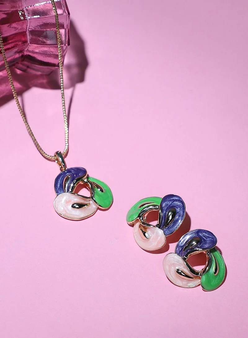 سوهي SOHI Women's The Swirl Jewellery Set For Casual Wear | Kelly Green & Violet Purple Colour | Alloy Material | Lobster Clasp Closure | Metallic Jewellery Set | Pendant Necklace & Stud Earrings For Women & Girls