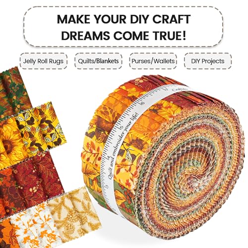 Craftido-18 Options-100% Cotton Jelly Roll Fabric Precut Strips for Quilting, Crafting, and Sewing, 40 Strips 2.5" x 44" Assorted Bundles for Rug, Quilt Project, DIY Craft and Home Decor-Fall Arrival - Image 5