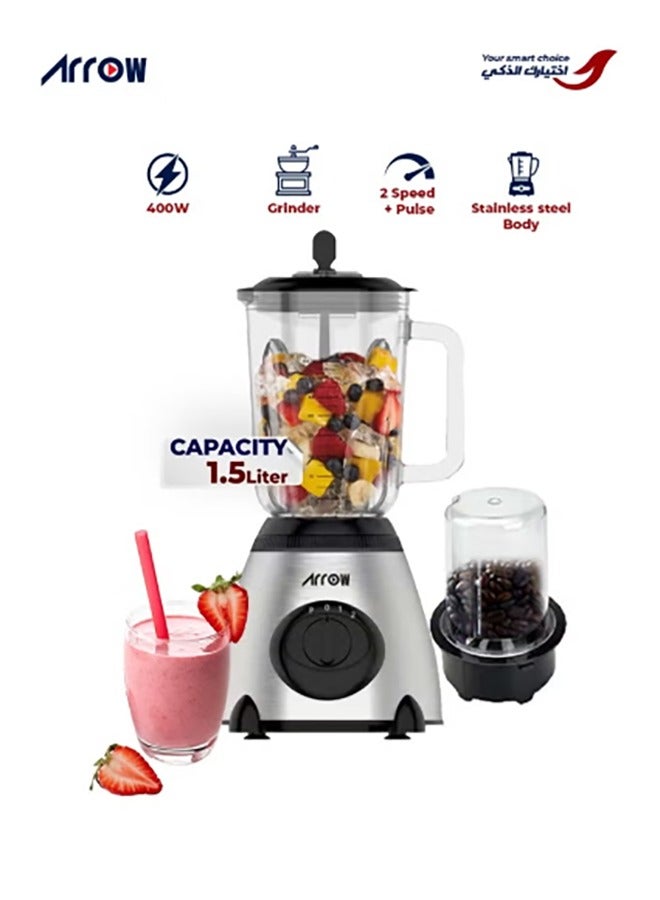 Arrow 1.5L Blender with Glass Jar & Grinder, 400W | Stainless Steel Body | 2 Speeds | Ice Crushing Feature | Portable | Silver Color | Ideal for Blending & Grinding | RO-15GBSY - Image 1