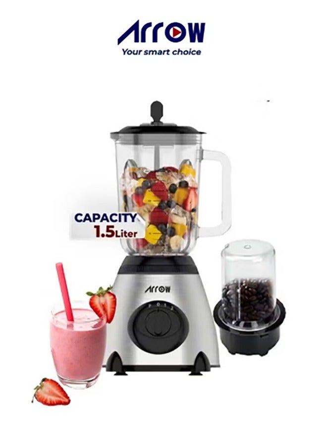 Arrow 1.5L Blender with Glass Jar & Grinder, 400W | Stainless Steel Body | 2 Speeds | Ice Crushing Feature | Portable | Silver Color | Ideal for Blending & Grinding | RO-15GBSY - Image 2