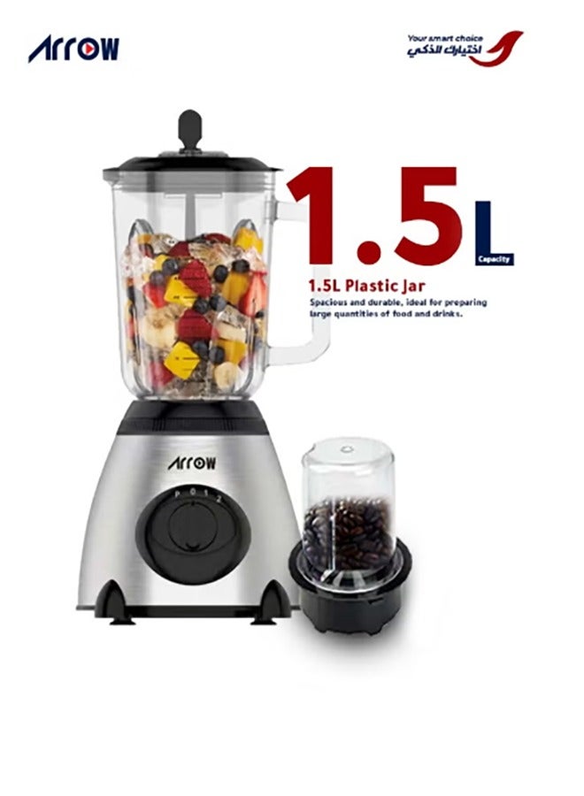 Arrow 1.5L Blender with Glass Jar & Grinder, 400W | Stainless Steel Body | 2 Speeds | Ice Crushing Feature | Portable | Silver Color | Ideal for Blending & Grinding | RO-15GBSY - Image 3