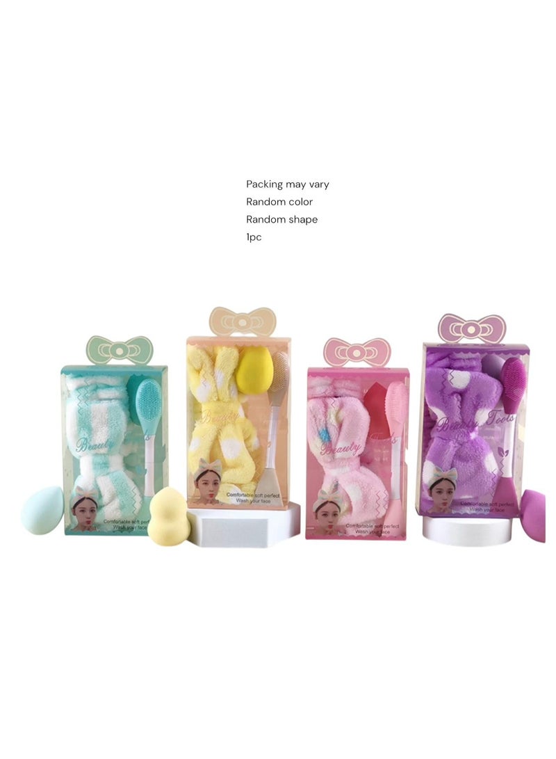 A set consisting of three pieces: a headband, a beauty blender, and a facial massage brush that may change color - Image 1