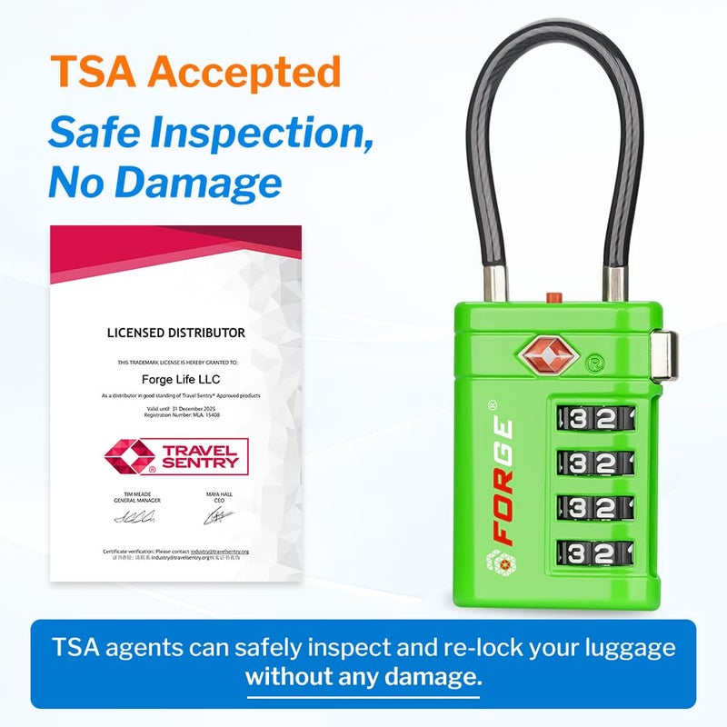 أقفال أمتعة Forge معتمدة من TSA – أقفال سفر TSA برمز مكوّن من 4 أرقام مع TSA008، ومؤشر تنبيه عند الفتح، وهيكل من سبيكة الزنك للأمتعة وحقيبة السفر وحقيبة الظهر وغير ذلك، أسود 2 PK، أقفال كابل - Image 2