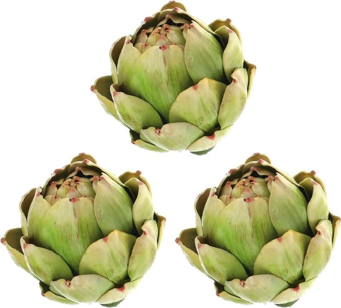 3PCS LARGE GREEN FAUX ARTICHOKES DECOR ARTIFICIAL VEGETABLE AND FAKE FRUIT REALISTIC ARTICHOKE BOWL FILLER FOR HOME KITCHEN CENTERPIECE TABLE PARTY DECORATIONS 3PACK GREEN