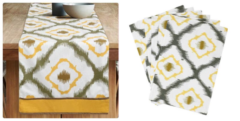 Dekor World 3 Ikat Printed Yellow Table Runner with 4 Pcs Place Mat (33x120cm/33x47cm) (Pack of 5 Pcs)-4 Seater Dinning & Center Table - Image 1