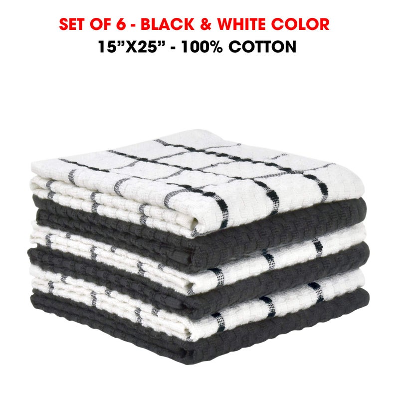 TALVANIA Kitchen Dish Towels  100% Cotton Dobby Weave Terry Towel Set  15"" X 25""  6 Pack Soft and Absorbent Multipurpose Dish Cloth  Hand Towel and Cleaning  Washable (Black and White) - Image 3