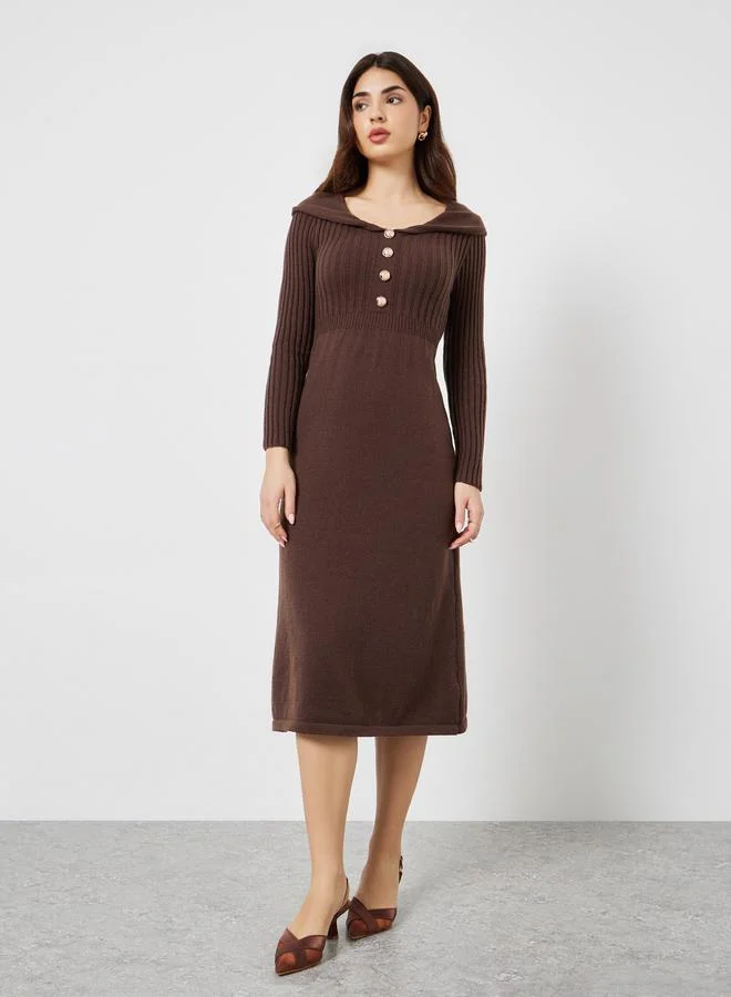 Styli Brown Long Sleeves Sweater Midi Dress