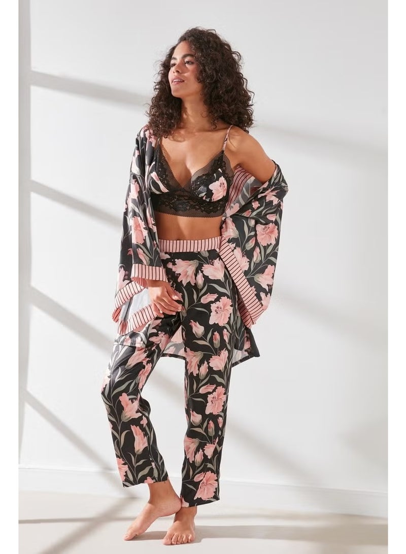 C&city Trousered Bralet Dressing Gown 3-Piece Satin Pajamas Set 9064 Salmon/black - Image 4