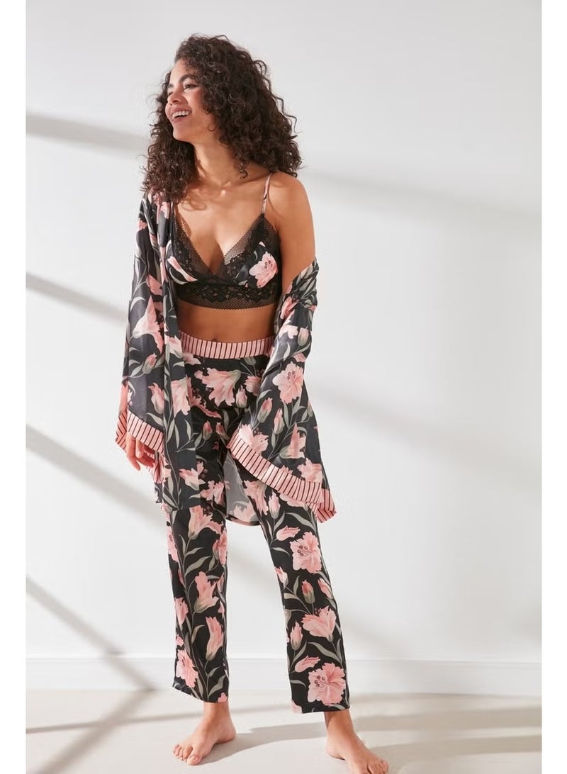 C&city Trousered Bralet Dressing Gown 3-Piece Satin Pajamas Set 9064 Salmon/black - Image 2