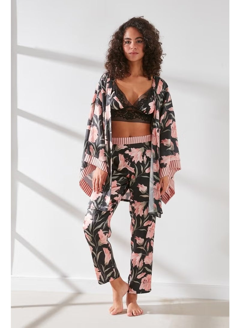 C&city Trousered Bralet Dressing Gown 3-Piece Satin Pajamas Set 9064 Salmon/black - Image 1