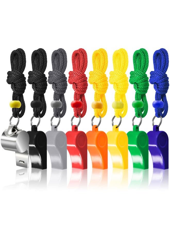 FineGood 8 Packs Coaches Referee Whistles with Lanyards, 7 Colorful Plastic and 1 Stainless Steel Metal Whistles for Football Sports Lifeguards Survival Emergency Training - Multi-Color - Image 1