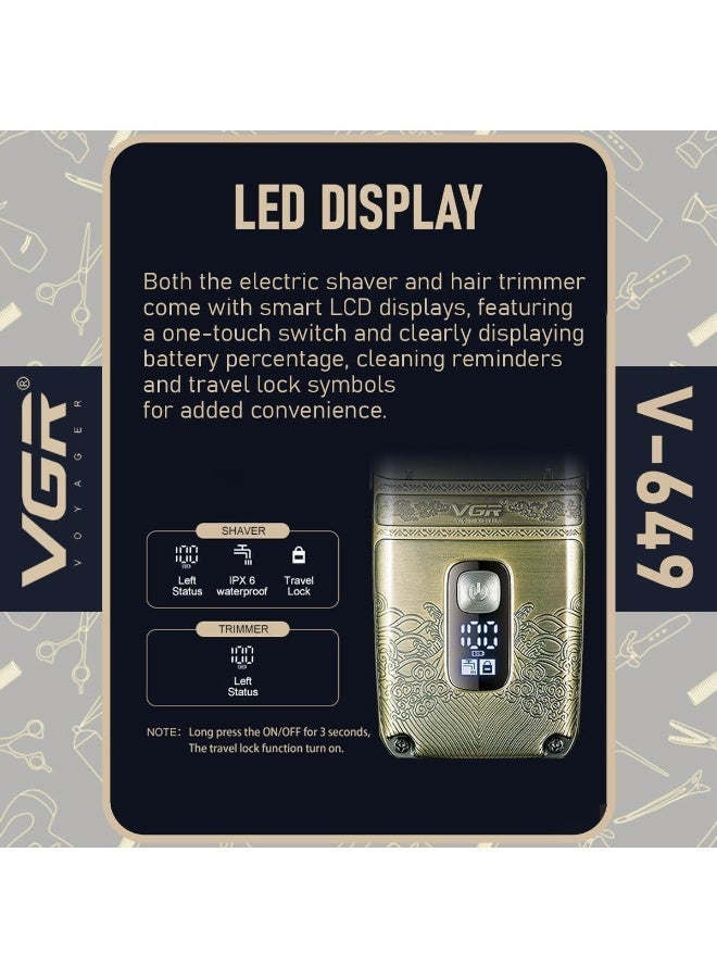 VGR V-649 Gold Hair Trimmer Shaver Set with Titanium Foil and Detachable T-Blade, Men's Adults USB Charging Hair Clipper & Trimmer Kit Gold - Image 4