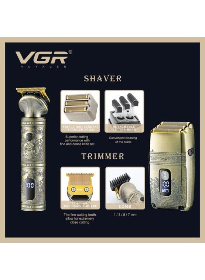 VGR V-649 Gold Hair Trimmer Shaver Set with Titanium Foil and Detachable T-Blade, Men's Adults USB Charging Hair Clipper & Trimmer Kit Gold - Image 5