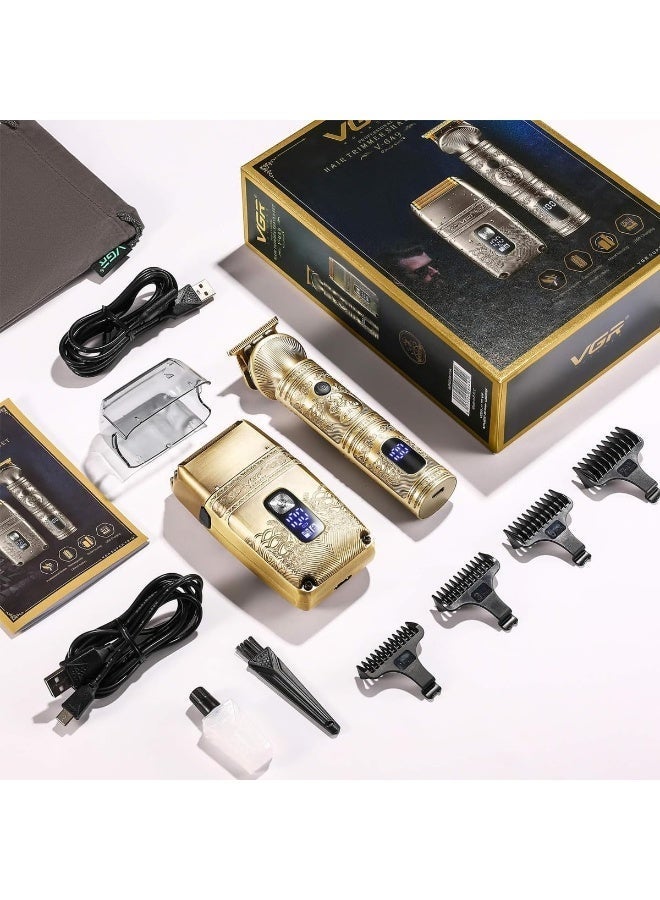 VGR V-649 Gold Hair Trimmer Shaver Set with Titanium Foil and Detachable T-Blade, Men's Adults USB Charging Hair Clipper & Trimmer Kit Gold - Image 2