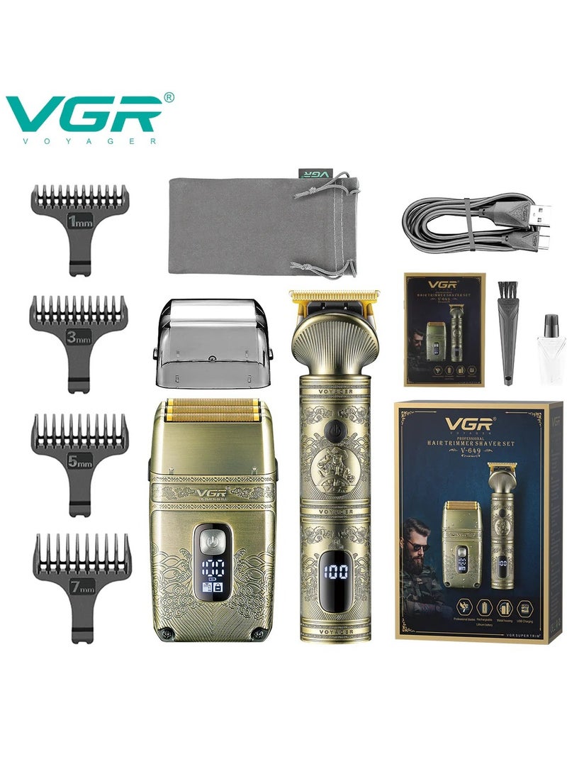VGR V-649 Gold Hair Trimmer Shaver Set with Titanium Foil and Detachable T-Blade, Men's Adults USB Charging Hair Clipper & Trimmer Kit Gold - Image 1