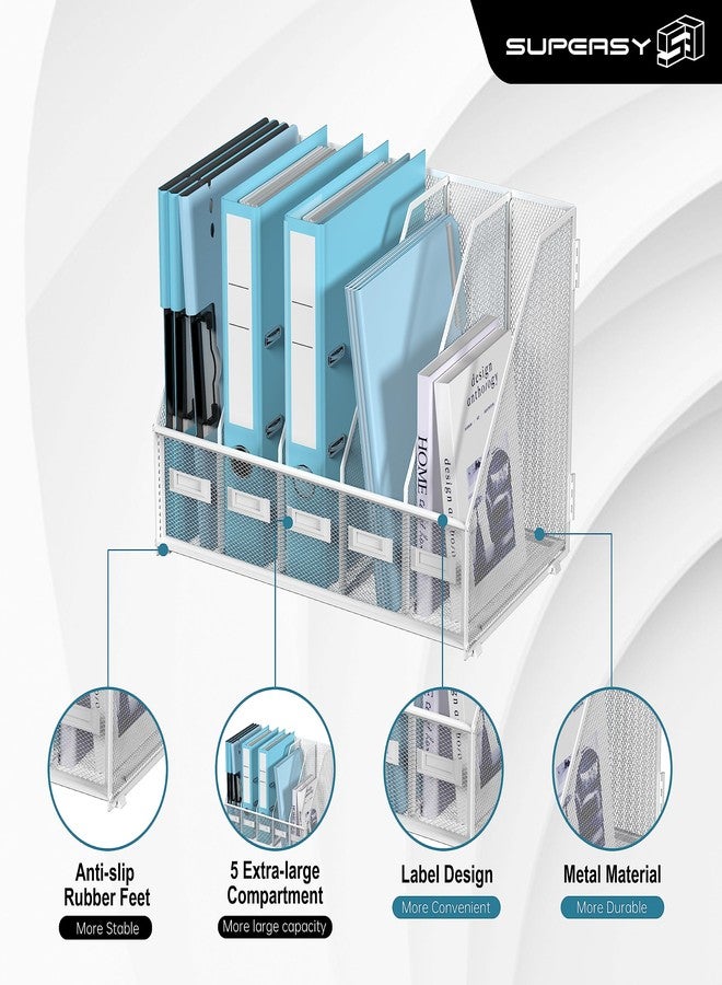 SUPEASY Desk Organizers Metal Desk Magazine File Holder with 5 Vertical Compartments Rack File Organizer for Office Desktop, Home Workspace, White Plus - Image 5