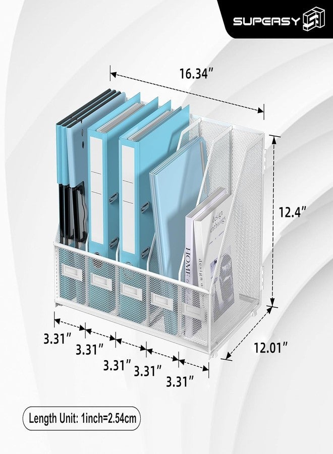 SUPEASY Desk Organizers Metal Desk Magazine File Holder with 5 Vertical Compartments Rack File Organizer for Office Desktop, Home Workspace, White Plus - Image 3