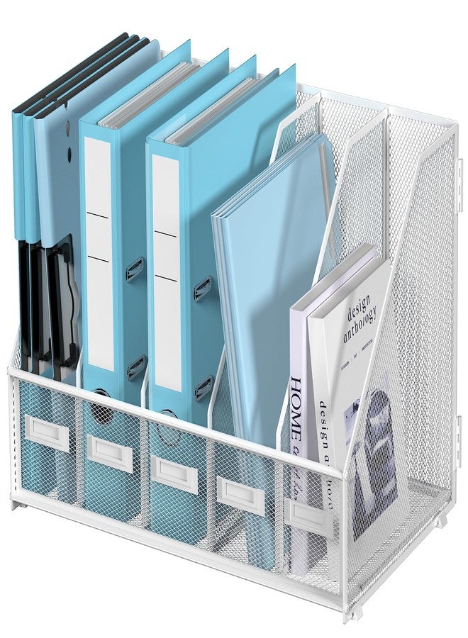 SUPEASY Desk Organizers Metal Desk Magazine File Holder with 5 Vertical Compartments Rack File Organizer for Office Desktop, Home Workspace, White Plus - Image 1