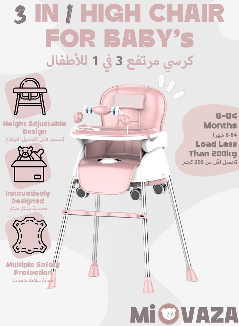 Mi VAZA 3 In 1 High Chairs For Babies And Toddlers, Convertible High Chair, Versatile, Easy Clean And Space Saver High Chair, Baby High Chair With Foot Rest And Adjustable Tray For Travel - Pink - Image 1