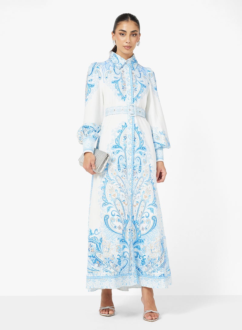 FYOR White Maxi Dress with Blue Intricate Print – Long Sleeve Flowy Design - Image 1