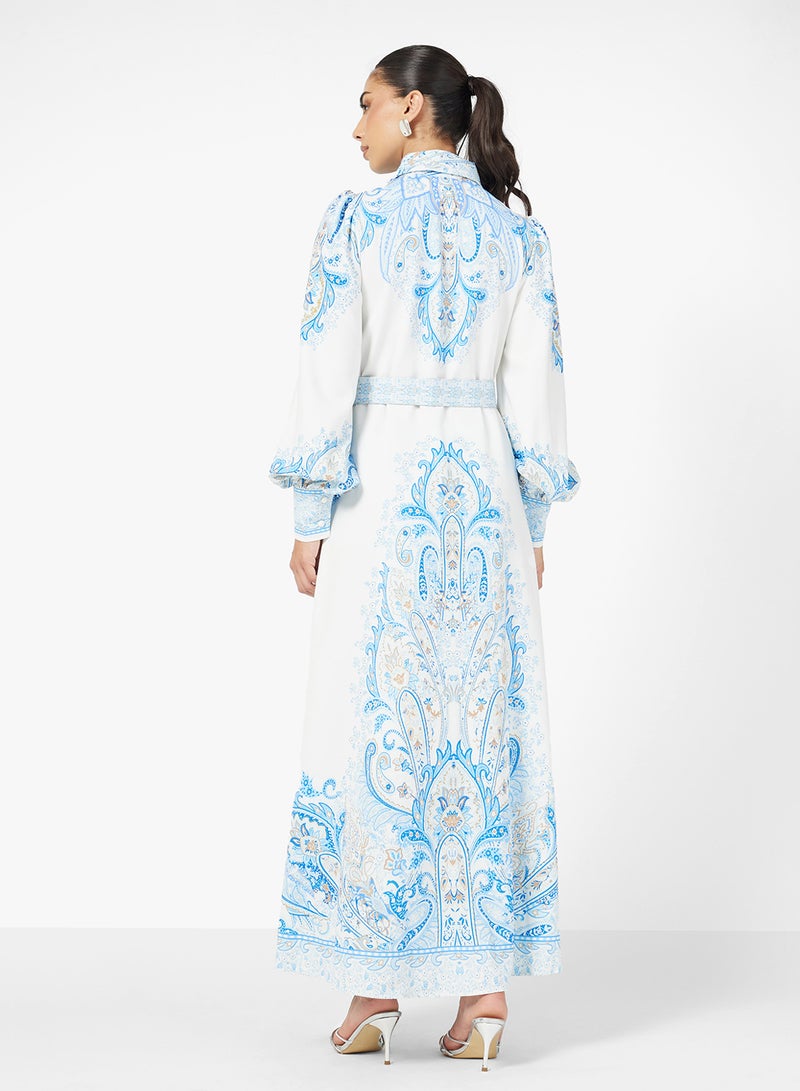 FYOR White Maxi Dress with Blue Intricate Print – Long Sleeve Flowy Design - Image 2