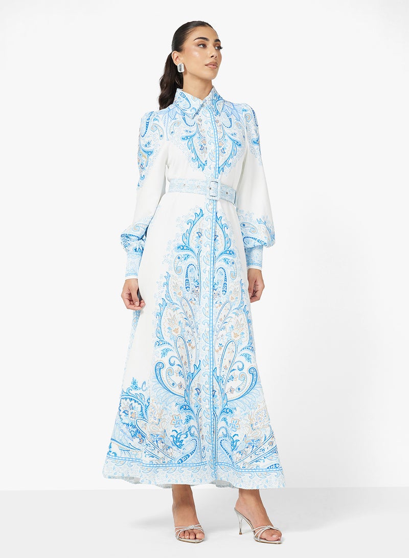 FYOR White Maxi Dress with Blue Intricate Print – Long Sleeve Flowy Design - Image 4