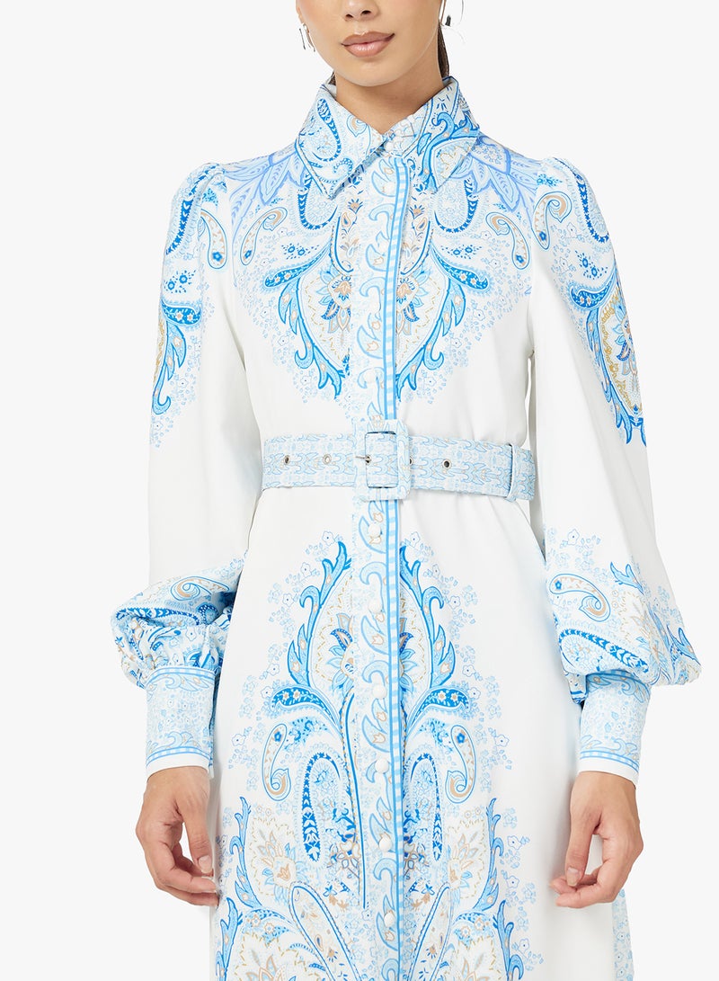 FYOR White Maxi Dress with Blue Intricate Print – Long Sleeve Flowy Design - Image 3