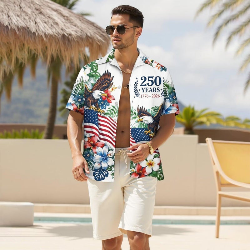 250Th Anniversary USA Hawaiian Shirt for Men, 1776-2026 Patriotic Short Sleeve Shirt, Independence Day Gifts M White - Image 3