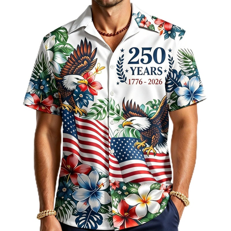 250Th Anniversary USA Hawaiian Shirt for Men, 1776-2026 Patriotic Short Sleeve Shirt, Independence Day Gifts M White - Image 1