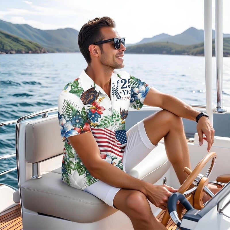 250Th Anniversary USA Hawaiian Shirt for Men, 1776-2026 Patriotic Short Sleeve Shirt, Independence Day Gifts M White - Image 5
