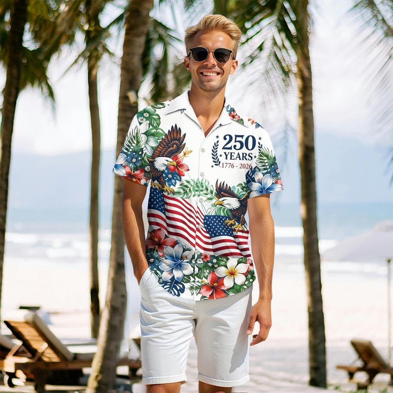 250Th Anniversary USA Hawaiian Shirt for Men, 1776-2026 Patriotic Short Sleeve Shirt, Independence Day Gifts M White - Image 2
