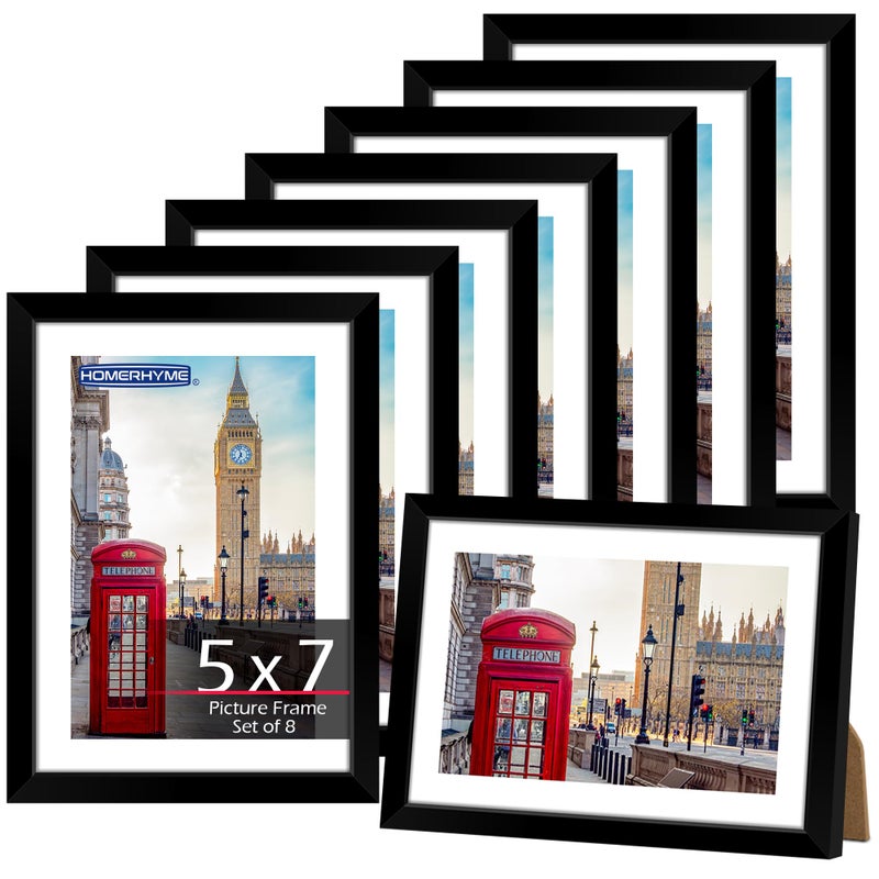HOMERHYME مجموعة إطارات صور هومرهايم 5x7، 8 قطع، إطار أسود للتعليق على الحائط أو العرض على الطاولة، يناسب صور 4x6 مع حافة داخلية أو 5x7 بدون حافة داخلية، إطار صور بزجاج شبكي عالي الجودة لتزيين المنزل - Image 1