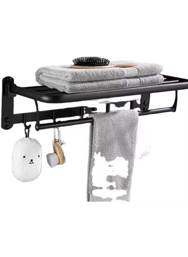 Metal Bathroom Shelf Folding Black Bathroom Shelf with Towel Bar and Side Hooks Wall Mount