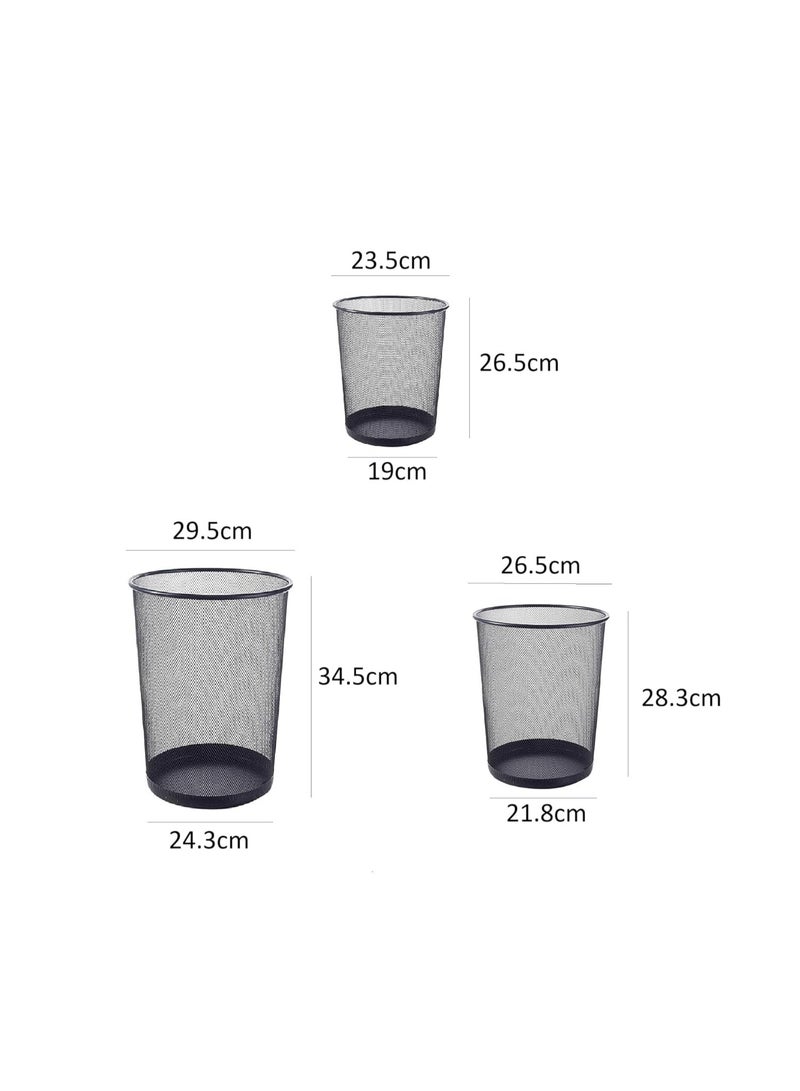 Metal Wire Dustbins Round Paper Trash Mesh Bin Waste Basket For Home Office Use (Black - Set of 3 Different Size) - Image 2