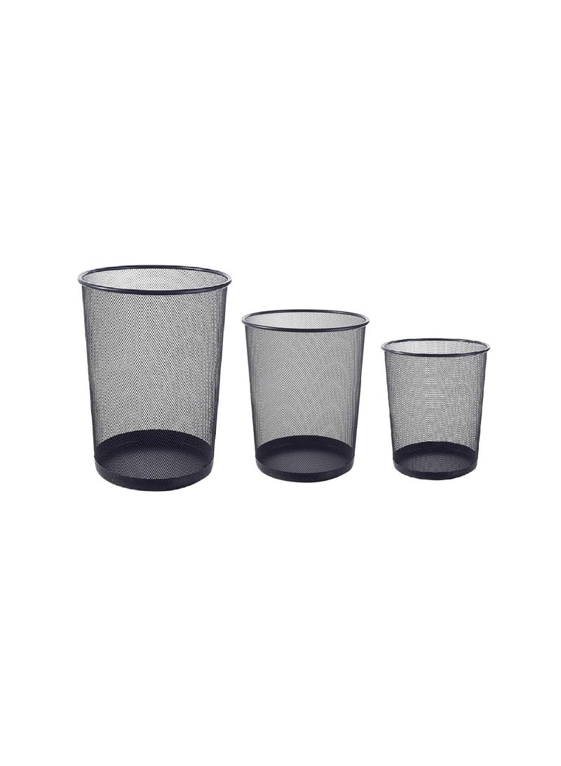Metal Wire Dustbins Round Paper Trash Mesh Bin Waste Basket For Home Office Use (Black - Set of 3 Different Size) - Image 1
