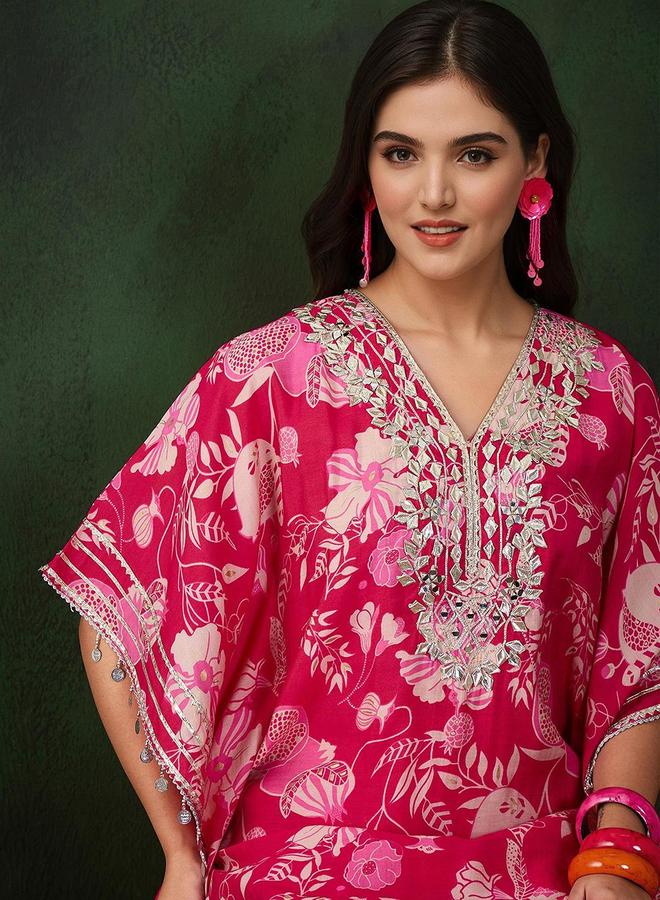 ISHIN Women's Pink Chanderi Embellished Tunic Top With Ankle Palazzo Flared 2 Peice Kurta Set - Image 5