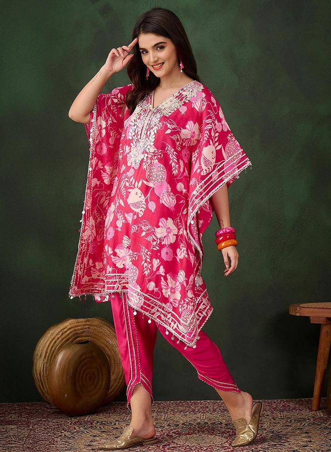 ISHIN Women's Pink Chanderi Embellished Tunic Top With Ankle Palazzo Flared 2 Peice Kurta Set - Image 3