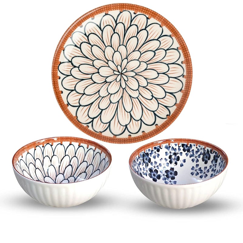 pepplo Porcelain Plates and Bowls Sets Dinnerware Sets Soup Bowls Dinner Plates Ceramic Plates (2 Bowls+1 Plate+ 2 Chopsticks) - Image 1