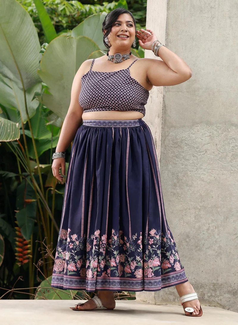 Instafab Plus Women's Geometrical-Flora Co-Ord Set For Ethnic Wear | Open-Front Neck, Regular Sleeves | Geometric Print Woven Fabric | 3 Piece Co-Ords Designed For Evening & Party Wear | Navy Blue