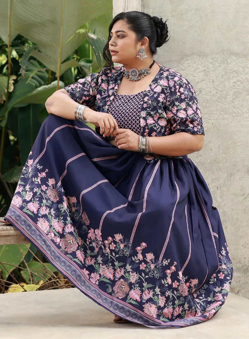 Instafab Plus Women's Geometrical-Flora Co-Ord Set For Ethnic Wear | Open-Front Neck, Regular Sleeves | Geometric Print Woven Fabric | 3 Piece Co-Ords Designed For Evening & Party Wear | Navy Blue