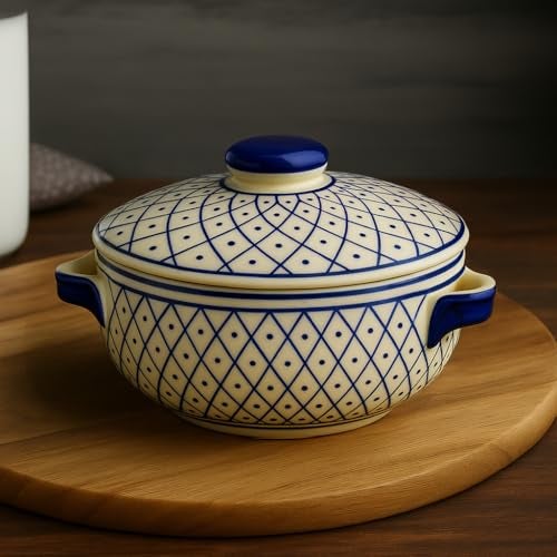 StyleMyWay Hand-Painted Ceramic Serving Donga with Lid and Handle (1000 ml, Blue & Off White) | Casserole | Handcrafted Dinner Serving Bowl with Lid for Curry, Rice, Gravy, Oven and Microwave Safe - Image 4