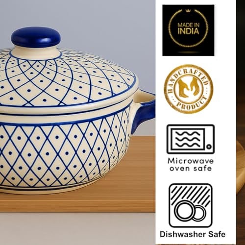 StyleMyWay Hand-Painted Ceramic Serving Donga with Lid and Handle (1000 ml, Blue & Off White) | Casserole | Handcrafted Dinner Serving Bowl with Lid for Curry, Rice, Gravy, Oven and Microwave Safe - Image 5