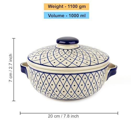 StyleMyWay Hand-Painted Ceramic Serving Donga with Lid and Handle (1000 ml, Blue & Off White) | Casserole | Handcrafted Dinner Serving Bowl with Lid for Curry, Rice, Gravy, Oven and Microwave Safe - Image 2