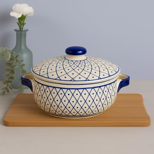 StyleMyWay Hand-Painted Ceramic Serving Donga with Lid and Handle (1000 ml, Blue & Off White) | Casserole | Handcrafted Dinner Serving Bowl with Lid for Curry, Rice, Gravy, Oven and Microwave Safe - Image 1