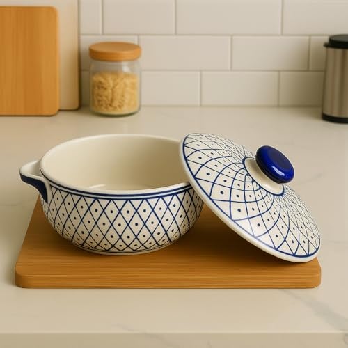 StyleMyWay Hand-Painted Ceramic Serving Donga with Lid and Handle (1000 ml, Blue & Off White) | Casserole | Handcrafted Dinner Serving Bowl with Lid for Curry, Rice, Gravy, Oven and Microwave Safe - Image 3