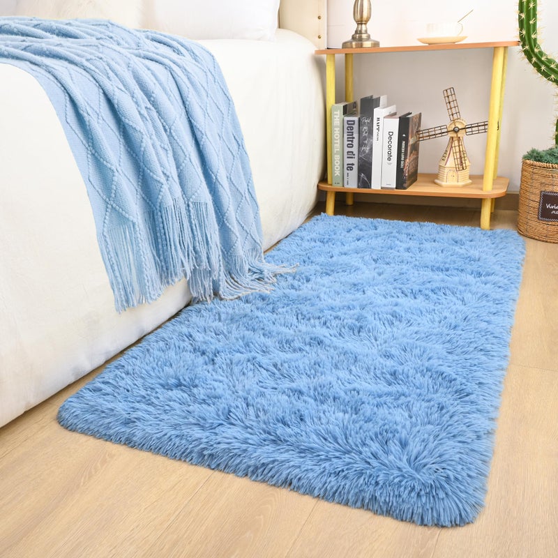 Keeko Blue Small Runner Rugs for Bedroom Kids 2x4 Nursery Bedside Rug Shag Cute Indoor Baby Throw Rugs Fuzzy Area Carpet for Teen Boy Kid Girl Child Room Living Room Decor