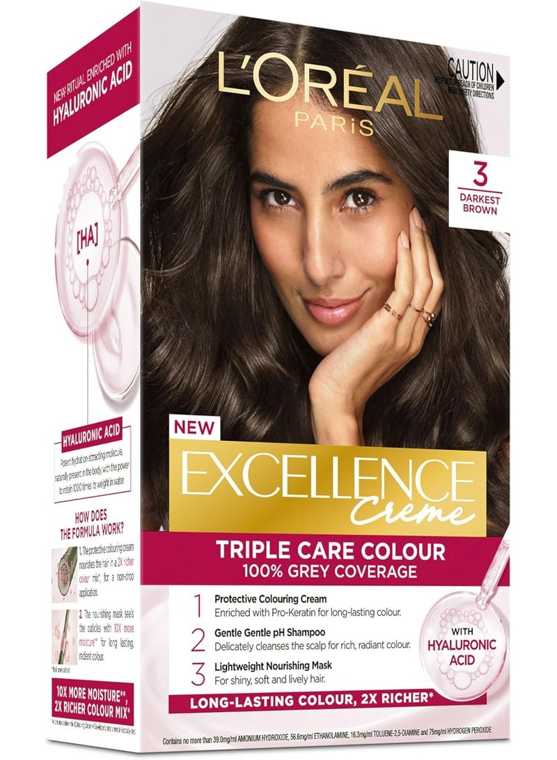L'OREAL PARIS Excellence Creme Triple Care Color 3 Dark Chestnut Brown (Packaging may vary Arabic/English Packaging)