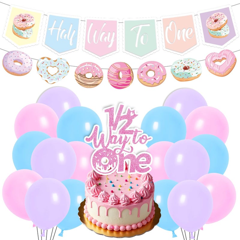 Aposwow Donut 6 Months Birthday Decorations - Aposwow 21PCS Sweet Donut Half Way Birthday Decorations Banners Balloons 1/2 Way to One Cake Topper Sweet 1/2 Way to One Baby Girl Party Decor Supplies - Image 1