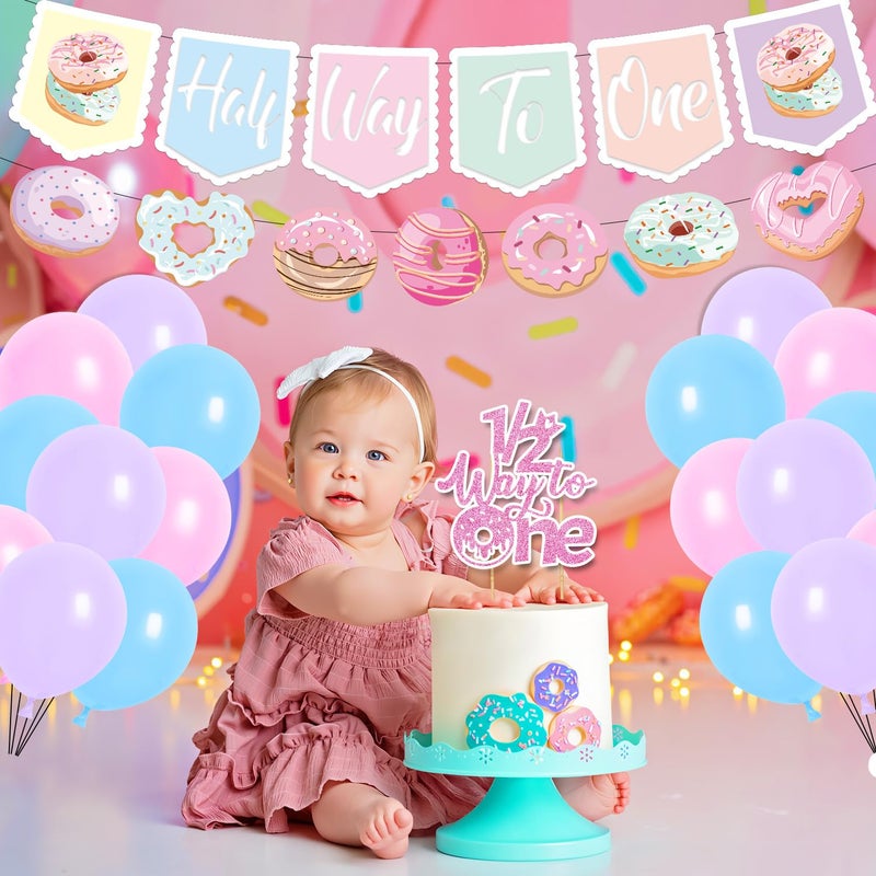Aposwow Donut 6 Months Birthday Decorations - Aposwow 21PCS Sweet Donut Half Way Birthday Decorations Banners Balloons 1/2 Way to One Cake Topper Sweet 1/2 Way to One Baby Girl Party Decor Supplies - Image 5